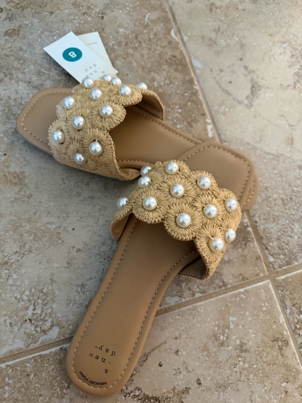 a new day Tan Pearl-Embellished Scallop Slide Sandals